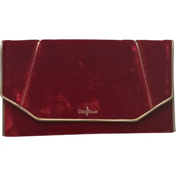 Cole Haan Masquerade Envelope Clutch Velvet Leather Red Gold - Picture 1 of 8